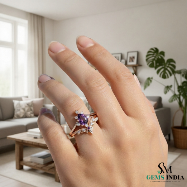 Pear Cut Amethyst & Diamond Crown Ring Luxury Gold Jewelry