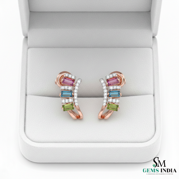 Multicolor Baguette Sapphire & Diamond Hoop Earrings