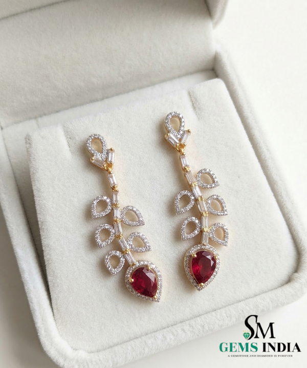 Pear Cut Ruby & Diamond Leaf Drop Earrings - Elegant Ruby Dangle Statement Earrings for Women