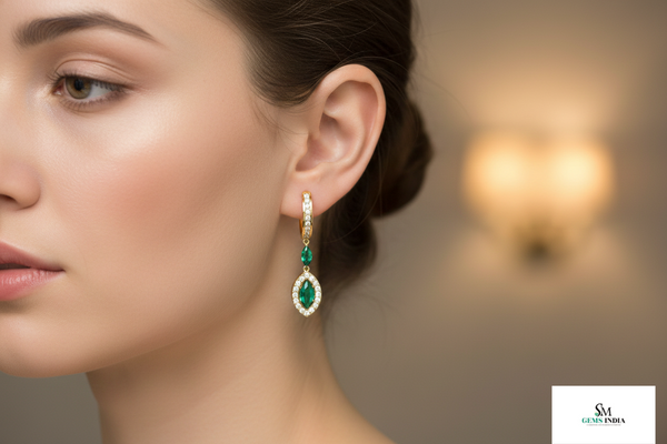 Marquise-Cut Natural Emerald Drop Earrings Diamond Halo Design