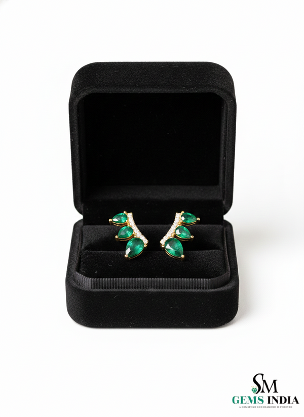 Pear Shape Emerald & Diamond Curved Bar Stud Earrings