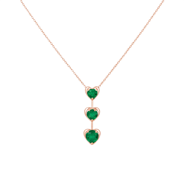 Triple Heart Design Round Natural Emerald Pendant in 14k Gold Romantic May Birthstone Gift