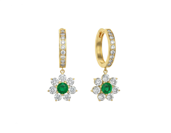 Flower Dangle Earrings with Natural Emerald and Sparkling Diamond Accent Hoops