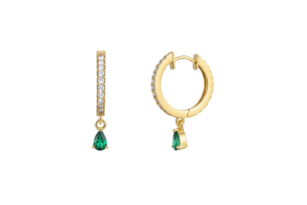 Luxury Gold Hoop Earrings with Pear shape Natural Emerald Dainty Diamond Drop Style