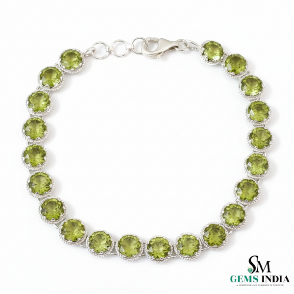 Classic Round Green Gemstone Link Bracelet - Bezel Style Tennis Bracelet
