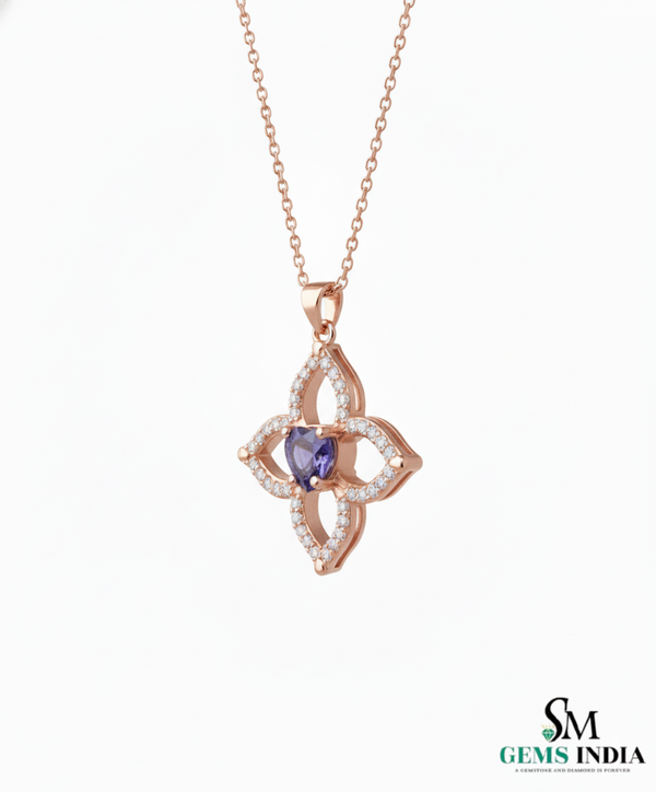 Natural Heart Cut Tanzanite Diamond Flower Pendant