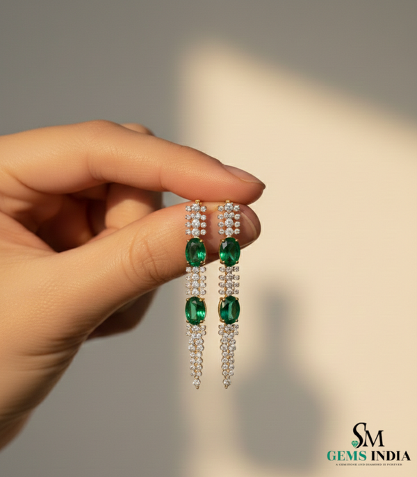 Emerald Oval Drop Earrings with Diamond Chain - Fine Emerald Jewelry