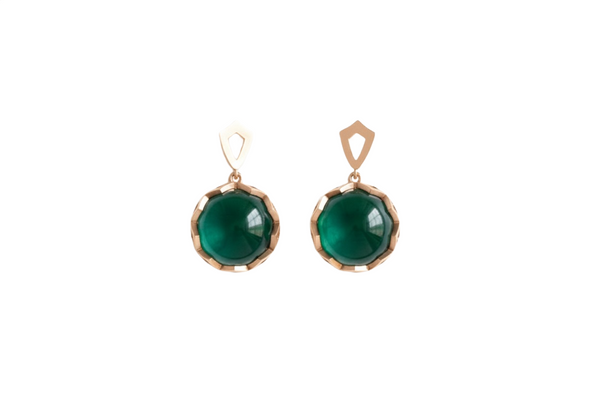 Emerald Dangle Earrings 14k Gold Round Cabochon May Birthstone
