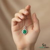 Round Emerald and Diamond Halo Pendant in 18K Gold May Birthstone Jewelry