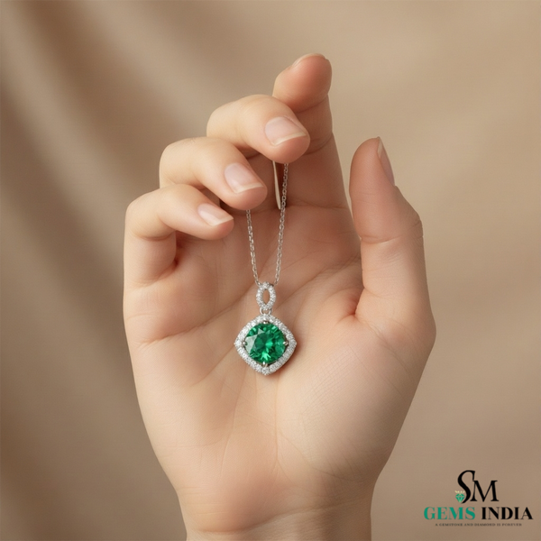 Round Emerald and Diamond Halo Pendant in 18K Gold May Birthstone Jewelry