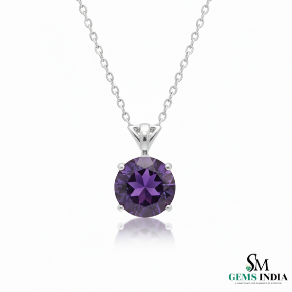 Natural Round Amethyst Gold Solitaire Pendant - February Birthstone