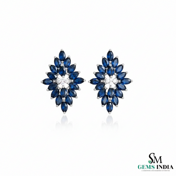 Marquise Cut Blue Sapphire & Diamond Cluster Stud Earrings - Luxury Sapphire Earrings