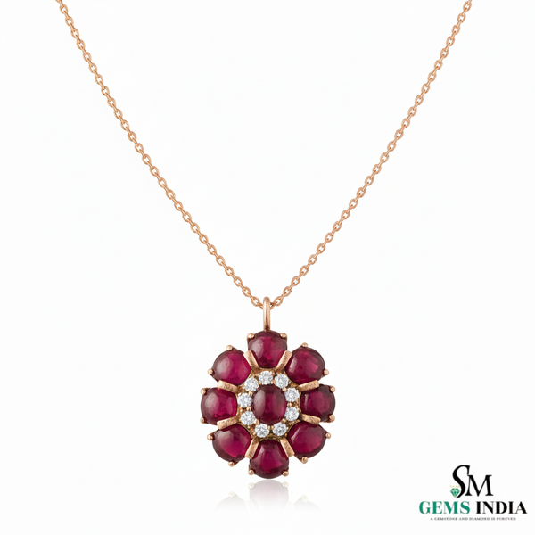 Classic Cabochon Natural Ruby Floral Pendant Necklace – Elegant Fine Jewelry