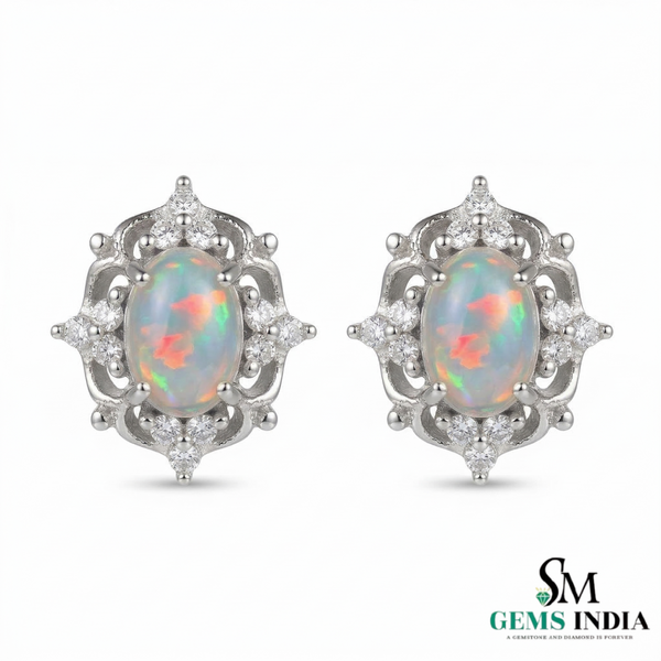 Oval Natural Opal & Diamond Stud Earrings Classic Gold Opal Earrings
