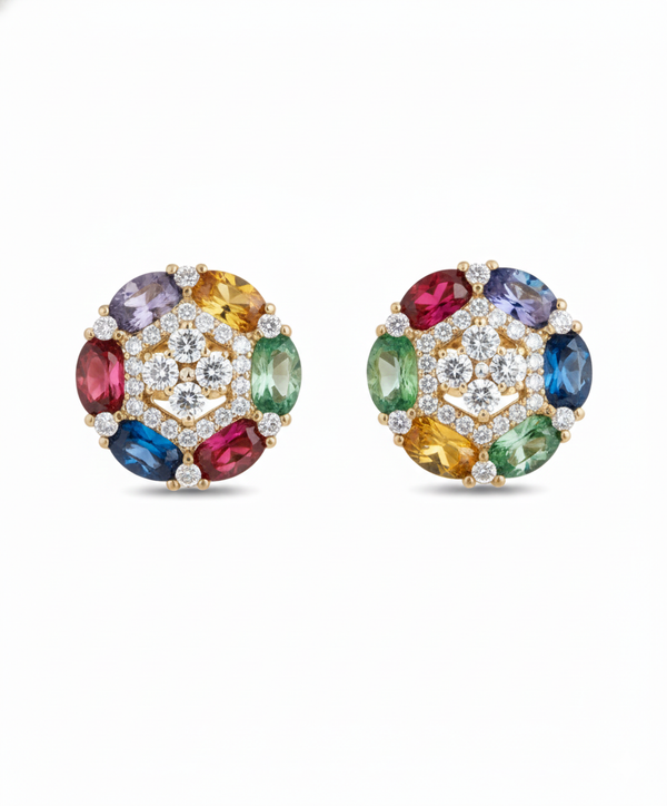 Oval shaped Rainbow Sapphire Diamond Floral Stud Earrings in14K Gold