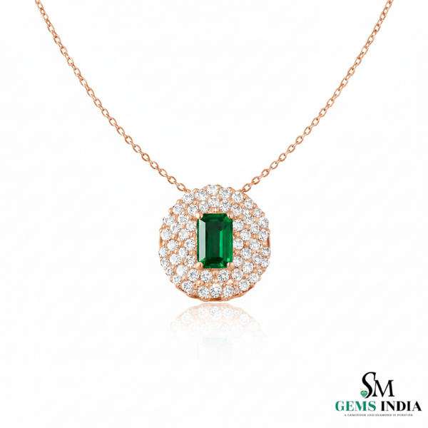Emerald Cut Green Emerald & Diamond Halo Pendant Necklace