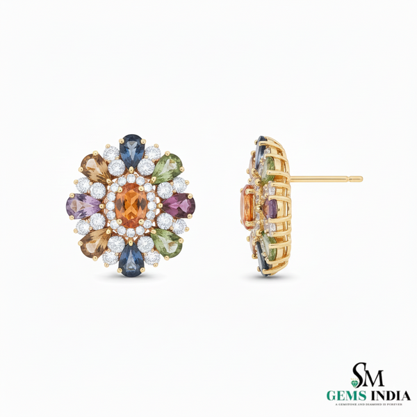 Pear shaped Multicolor Gemstone Floral Stud Earrings Diamond Accent Cluster Studs