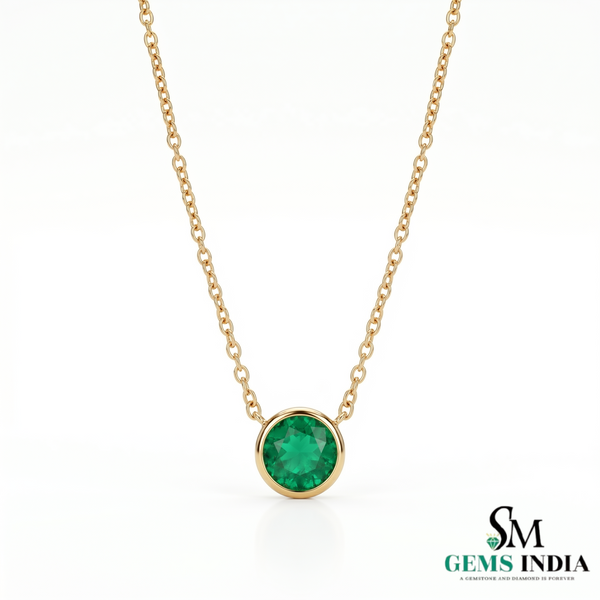 Round Emerald Bezel Set Pendant Necklace – Minimalist Solitaire Green Gemstone Fine Jewelry