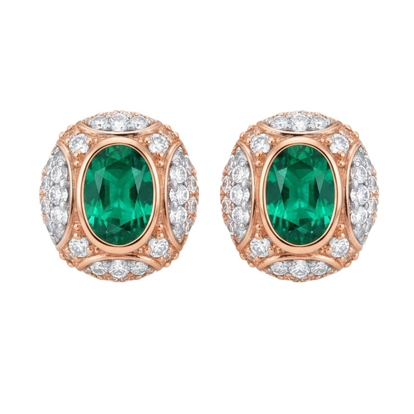 Luxury Design Vintage Oval Natural Emerald & Diamond Cluster Stud Earrings in 14k gold