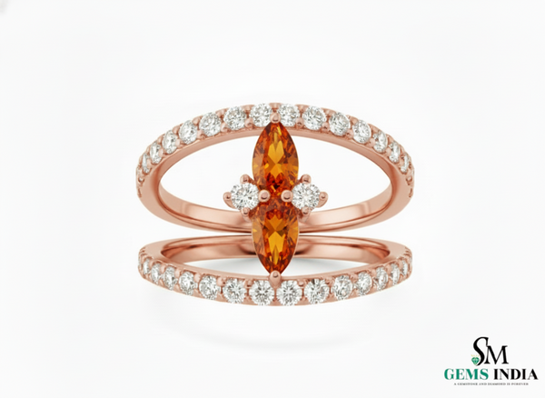 Pear Cut Citrine & Diamond Open Band Ring in 14k Gold - Statement Ring