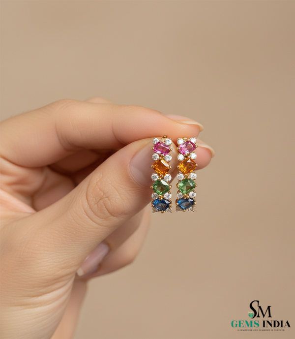 Emerald cut Rainbow Sapphire & Diamond Vertical Drop Stud Earrings