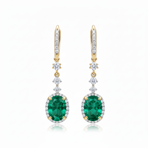 Gold Drop Earrings with Oval Natural Emerald and Diamond Accents Fine Gold Jewelry