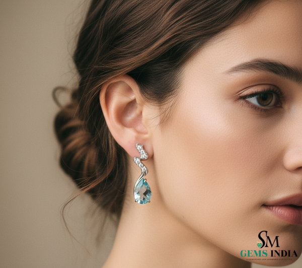 Natural Aquamarine Pear Drop Earrings with Diamond Accents
