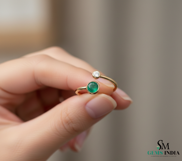 Round Natural Emerald Center Ring with Diamond Trio – Minimal Gold Band