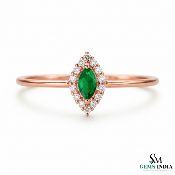 Marquise Cut Green Emerald Halo Ring with Diamond Accents – Vintage Style Fine Jewelry
