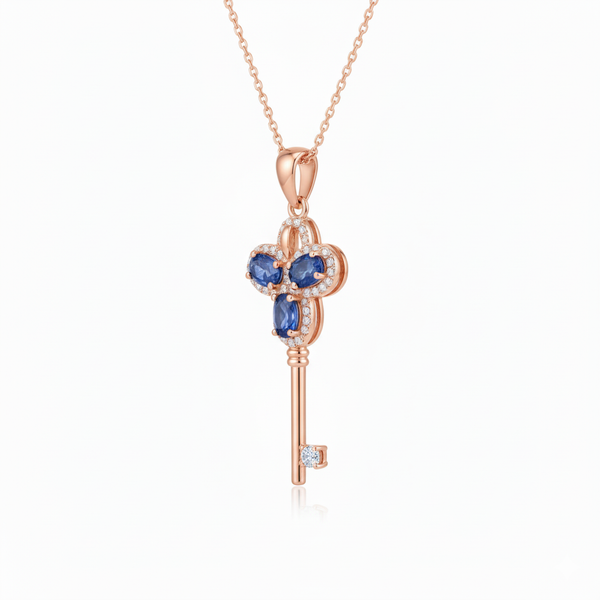 Natural Oval Tanzanite Key Pendant with Diamond Halo