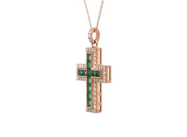 2.65 carat Square Shape Natural Emerald and Diamond Cross Pendant Necklace in 14K Gold