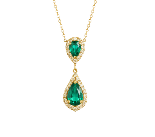 4 carat Double Pear Emerald and Diamond Halo Pendant in 14K Gold Gift for her