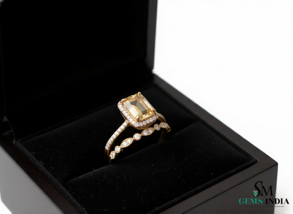 Luxury Emerald Cut Double Band Citrine Ring with Diamond Halo