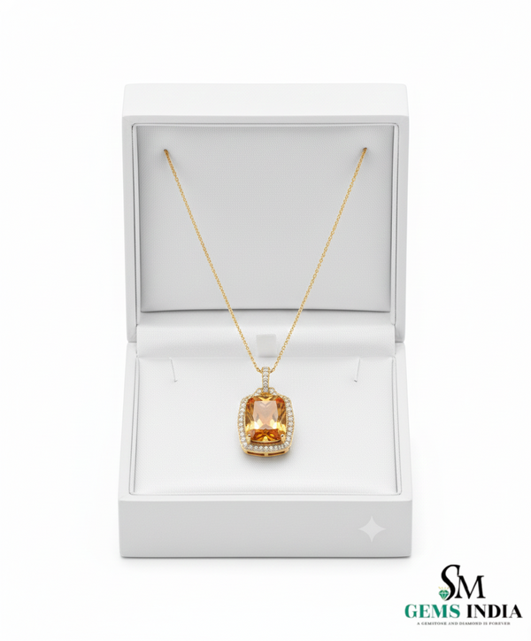 November Birthstone Cushion Cut Citrine Diamond Halo Pendant