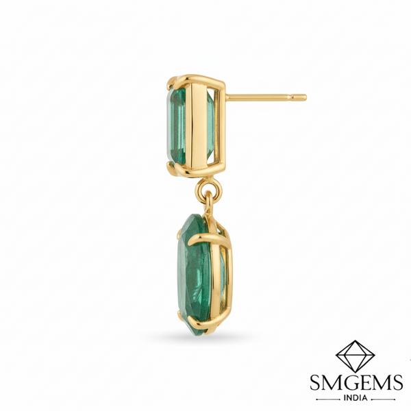 7,80 ct dunkelgrüne Statement-Ohrhänger mit großen sambischen Smaragden im Smaragd- und Ovalschliff, 18 Karat Gold, Smaragdohrringe, ovale Smaragdstecker