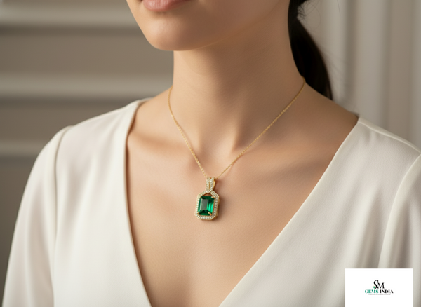 8.10 carat Stunning Natural Emerald Pendant Emerald Cut Green Gem with Diamond Halo Glow