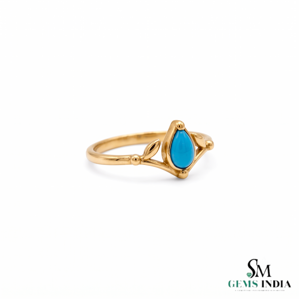 Teardrop Turquoise Ring With Leaf Accent Details – Blue Turquoise Statement Ring