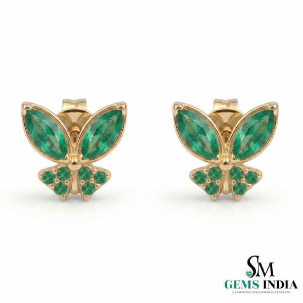 Emerald Marquise Butterfly Stud Earrings – Green Gemstone Diamond Accent Nature Inspired Fine Jewelry