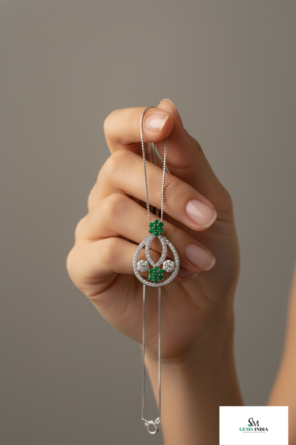 Floral Double Loop Round Natural Emerald and Diamond Teardrop Pendant in 14k gold