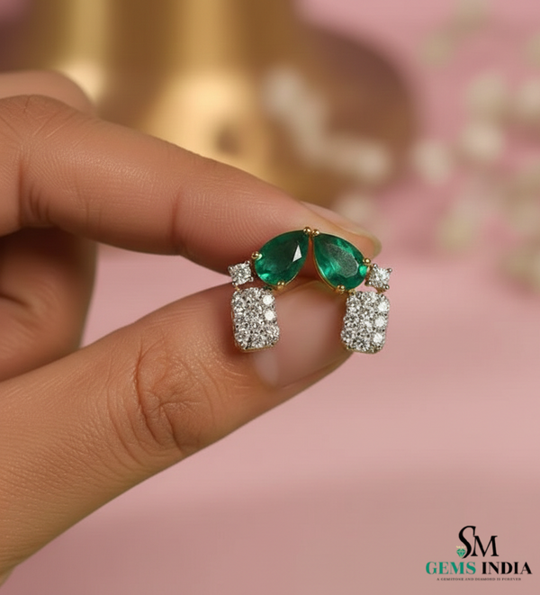 Pear Cut Emerald & Diamond Cluster Stud Earrings - Green Gemstone Jewelry