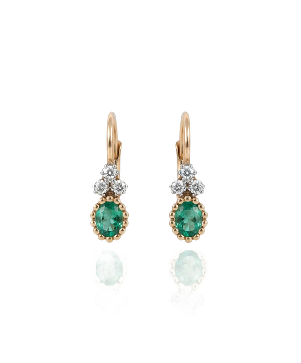 2.10 carat Oval Natural Emerald Dangle Earrings with Diamond Cluster 14K Gold Gift for Her