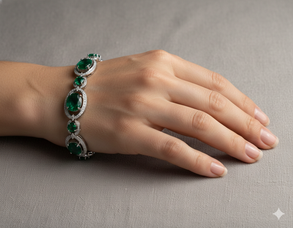 Natural Emerald oval cut Emerald and Diamond Bracelet: 18k Gold May Birthstone