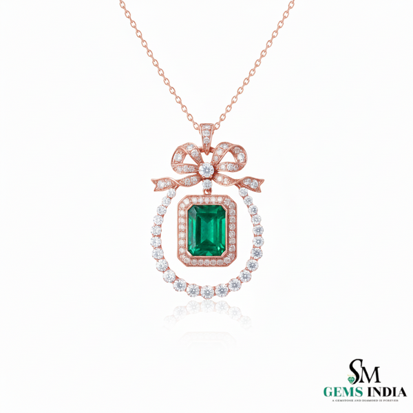 Vintage Style Emerald-Cut Emerald Bow Pendant Luxury Bow Diamond Pendant