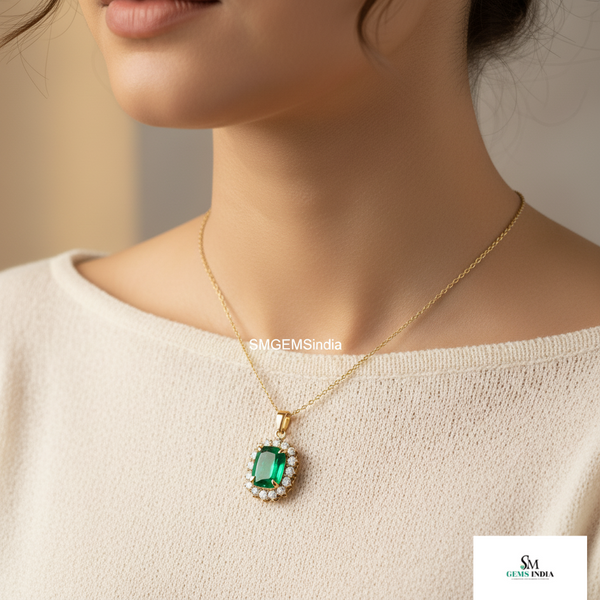 Natural Cushion Emerald Necklace in 14K Gold Diamond Halo Pendant for Her