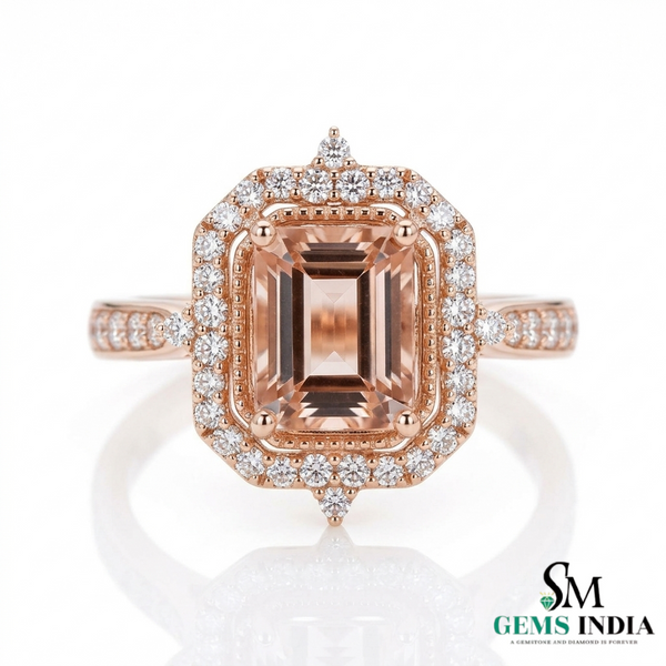 Emerald Cut Peach Morganite Ring with Diamond Halo Engagement Ring