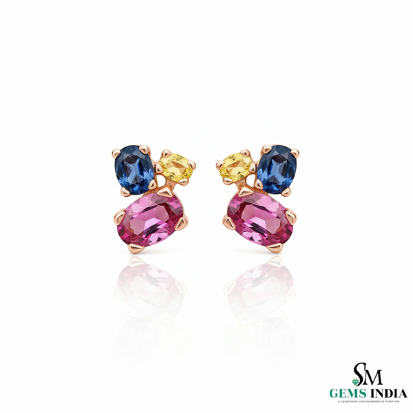 Multicolor Gemstone Trio Cluster Stud Earrings - Earrings for Women
