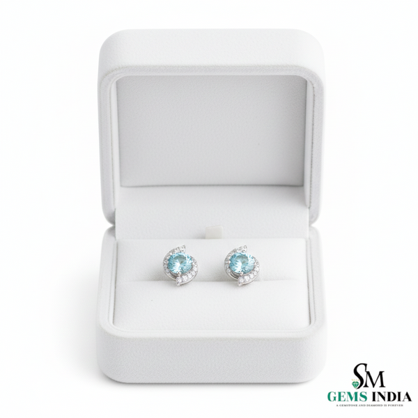 Round Cut Aquamarine & Diamond Stud Earrings