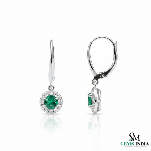 Round Emerald Halo Diamond Drop Leverback Earrings - Fine Gemstone Jewelry