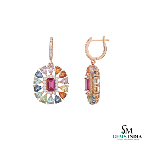 Pear shaped Rainbow Multi-Sapphire Drop Earrings with Pink Tourmaline