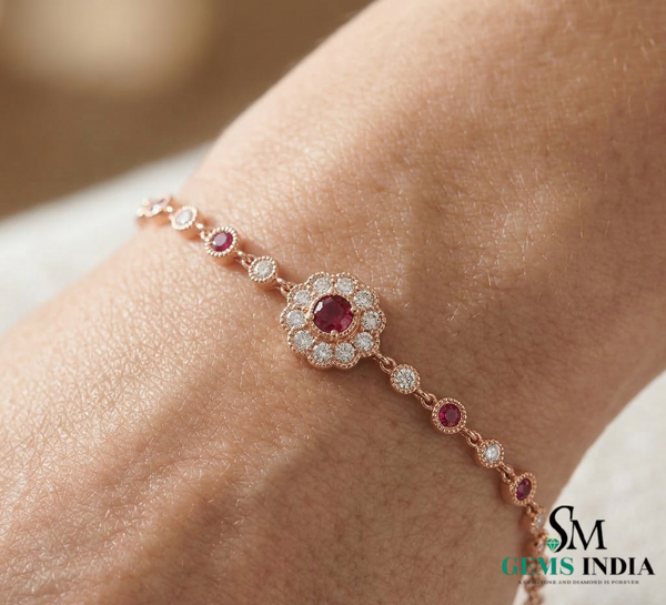 Ruby and Diamond Floral Chain Bracelet in Rose Gold – Fine Gemstone Jewelry for Women